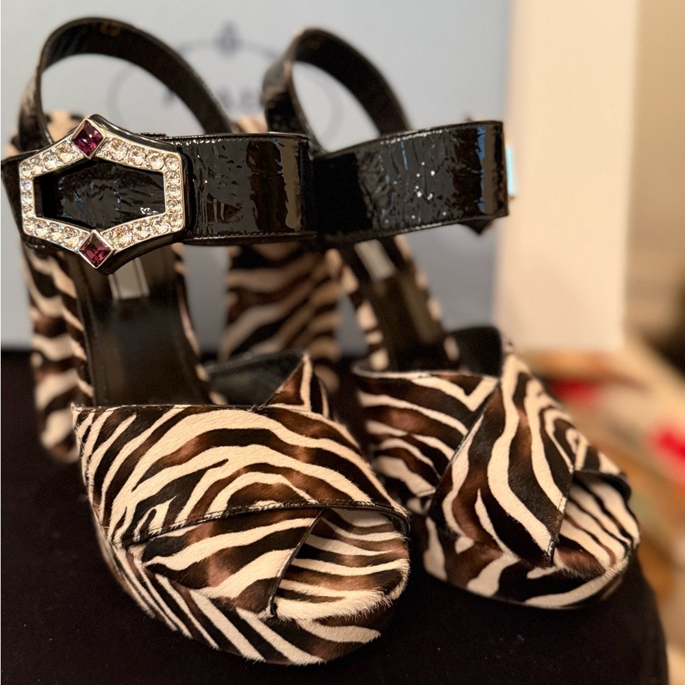 PRADA Zebra Platform Sandals with Black Patent Strap and Crystal buckle